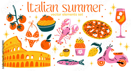 Italian Summer vector sticker set with illustration of pizza, cocktail, lobster, bikini and colosseum in playful cartoon funky groovy doodle style for travel or food  blog 