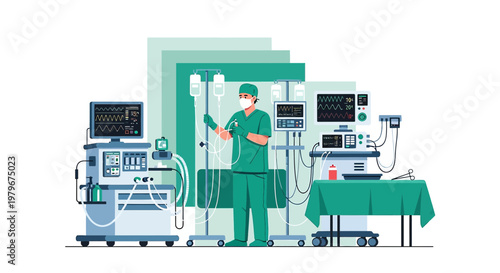 Surgeon in Operating Room with Medical Equipment and Monitors