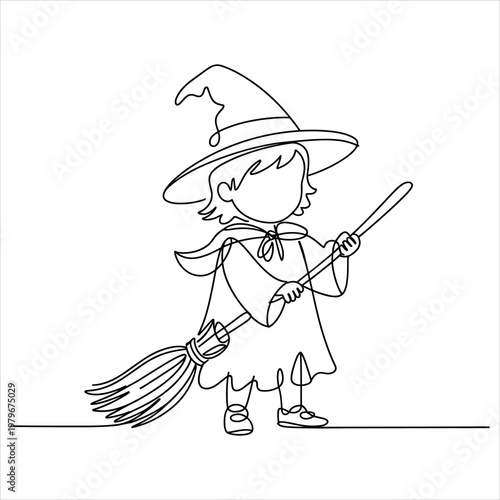 Continuous line of a little witch holding a broomstick