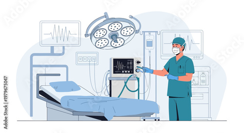 Surgeon in Operating Room with Medical Equipment and Patient Bed