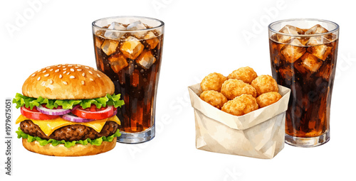 A watercolor collection of fast food meals featuring hamburger, chicken nuggets, and iced cola drinks illustrated in a detailed hand-painted style.