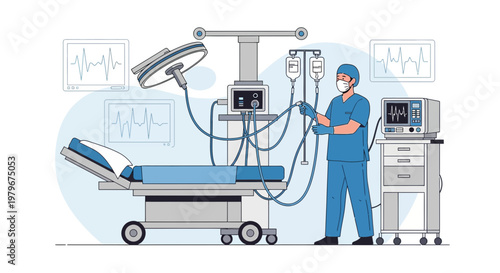Surgeon in Operating Room with Medical Equipment and Patient Bed