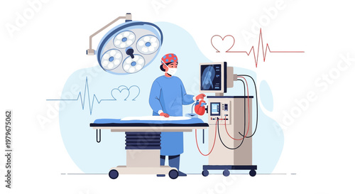 Surgeon in Operating Room with Medical Equipment and Heart Monitor