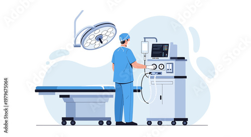 Surgeon in Operating Room with Medical Equipment and Patient Bed