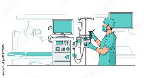 Surgeon in Operating Room with Medical Equipment and Patient Bed