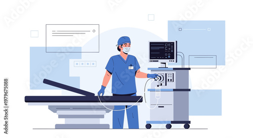 Surgeon in Operating Room with Medical Equipment and Patient Bed