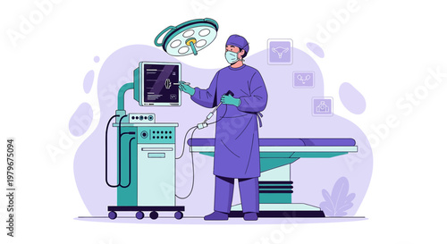 Surgeon in Operating Room with Medical Equipment and Patient Table