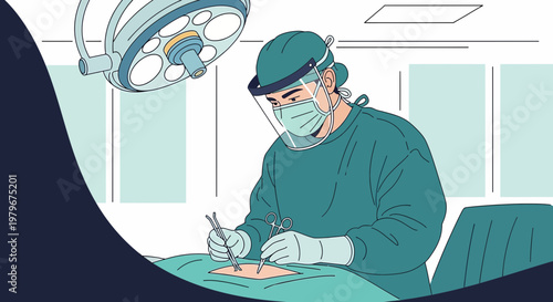 Surgeon in protective gear performing surgery under operating room lights