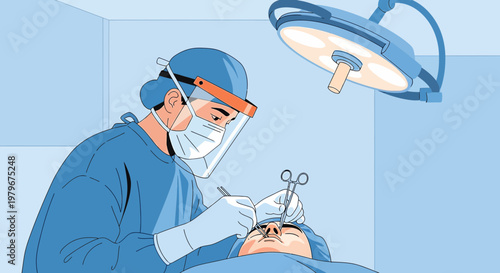Surgeon in protective gear performs eye surgery under bright operating room lights.