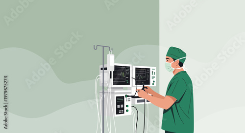 Surgeon in scrubs and mask operating medical equipment in operating room