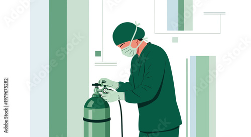 Surgeon in scrubs and mask adjusting oxygen tank in sterile operating room with abstract background