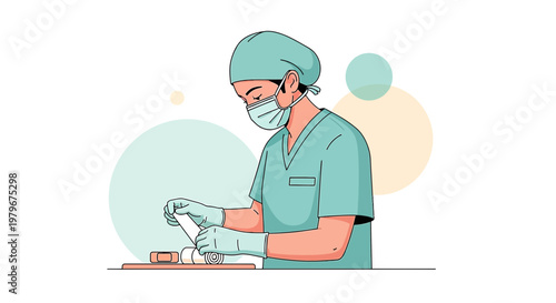 Surgeon in scrubs and mask preparing medical supplies for surgery