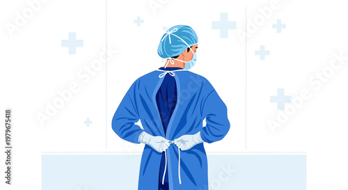 Surgeon in sterile gown and mask preparing for surgery, medical cross background