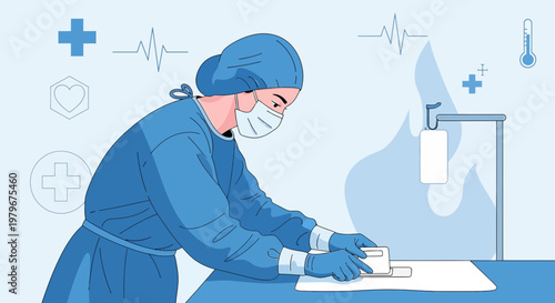 Surgeon in sterile uniform performs medical procedure in modern operating room with medical icons