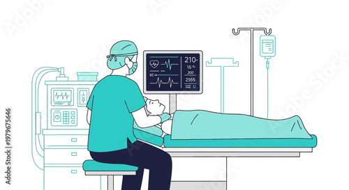 Surgeon Monitoring Patient During Surgery with Vital Signs Monitor in Operating Room