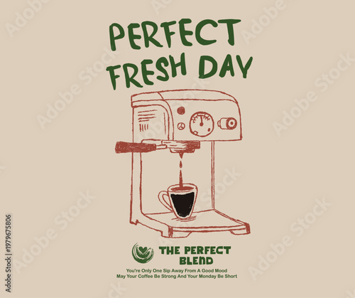 Coffee maker vintage t shirt print design. Coffee club artwork for apparel, sticker, batch, background, poster and others.