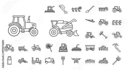 Collection of agricultural machinery and farming equipment icons in outline style.