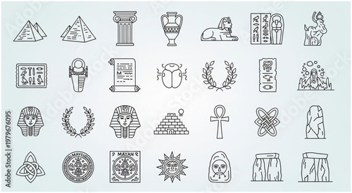 Ancient Egyptian Symbols and Icons Collection in Monochrome Style.