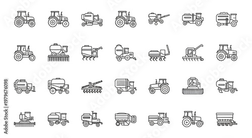 Collection of various agricultural machinery and farming equipment icons.