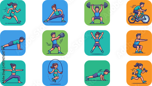 People exercising outdoors with fitness equipment and bicycles in various colorful scenes