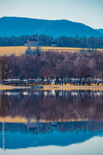 Alpine winter view near Waging am See, Lake Waginger See, Traunstein, Bavaria, Germany