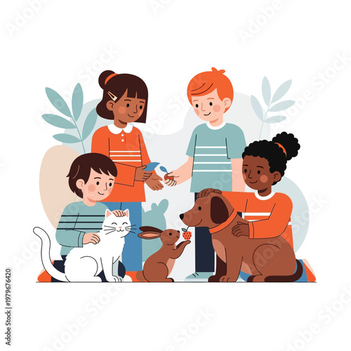 Diverse group of children interacting with various domestic animals like a cat, dog, and rabbit, promoting a sense of community and care.