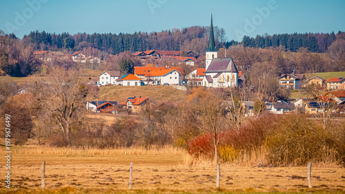 Alpine winter view with a church near Waging am See, Lake Waginger See, Traunstein, Bavaria, Germany