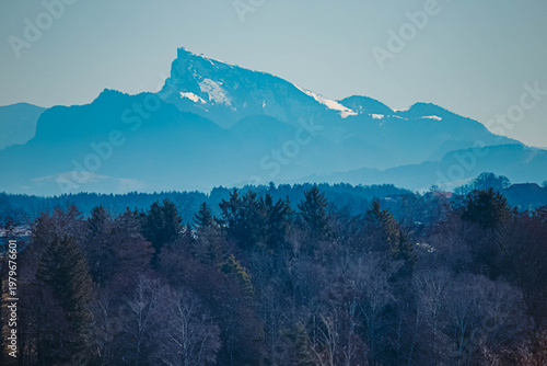 Alpine winter view with Mount Schafberg in the distance seen from near Waging am See, Lake Waginger See, Traunstein, Bavaria, Germany