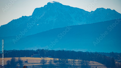 Alpine winter view near Waging am See, Lake Waginger See, Traunstein, Bavaria, Germany