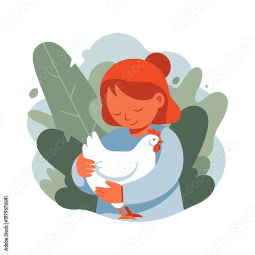 A young girl with red hair tenderly embraces a white chicken, surrounded by lush green foliage.