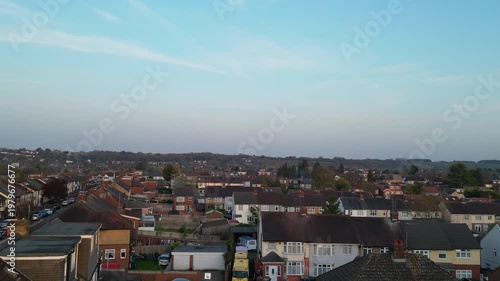 Urban Drone Flight Above Streets of British City and Town of England Great Britain. Drone Mounted Wide Angle Camera Footage Was Captured During Cold Day of 8th April, 2026. 
