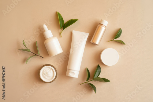Skincare products with green leaves on beige background for beauty and wellness concepts