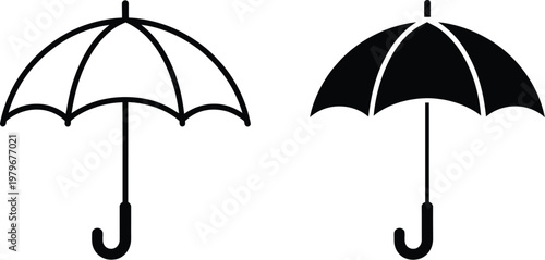 Spring umbrella icons set, minimal rain umbrella symbols combined with soft raindrops in clean line style for weather apps and seasonal design vector illustration.