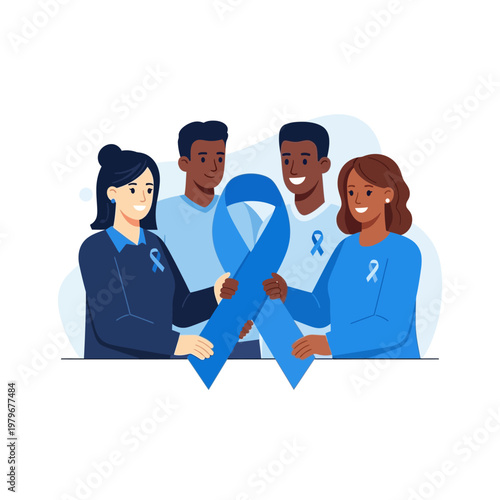 Diverse group of people holding a large blue ribbon, symbolizing awareness and support for a cause.