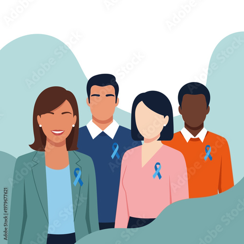 Diverse group of people wearing blue ribbons to raise awareness for a cause.