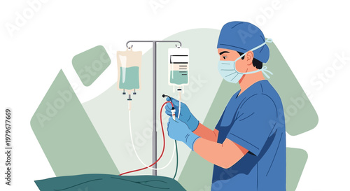 Surgeon Administering IV Drip in Operating Room, Medical Procedure Illustration