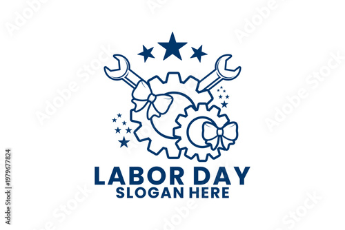 Labor Day Logo Design with Industrial Gears and Repair Wrenches. Labor Day Line Art logo design vector template