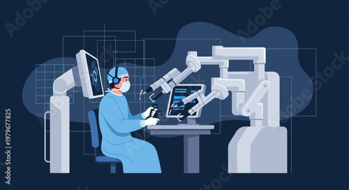 Surgeon controlling robotic arms in modern operating room with advanced technology