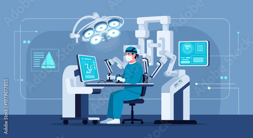 Surgeon Controls Robotic Arm in Futuristic Operating Room with Advanced Technology
