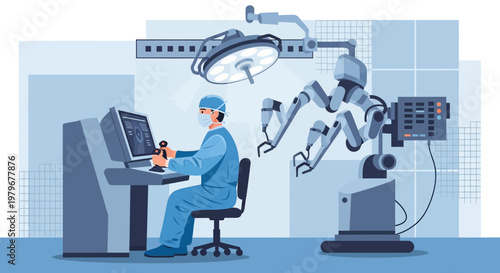 Surgeon Controls Robotic Arm in Modern Operating Room for Minimally Invasive Surgery