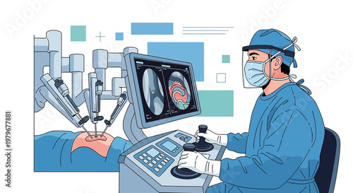 Surgeon Controls Robotic Arm for Minimally Invasive Surgery on Patient in Operating Room