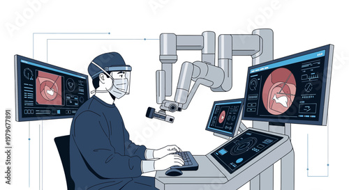 Surgeon Controls Robotic Arm in Modern Operating Room, Advanced Medical Technology
