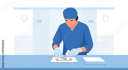 Surgeon in blue scrubs and cap prepares sterile dressing for wound care in operating room