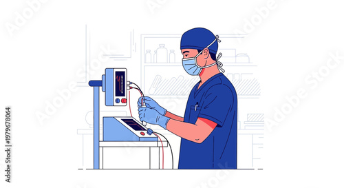 Surgeon in blue scrubs and mask adjusts medical equipment in operating room