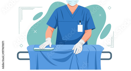 Surgeon in Blue Scrubs Prepares Medical Equipment on Operating Table