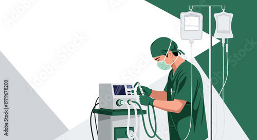Surgeon in Operating Room Adjusting Medical Equipment with IV Drip