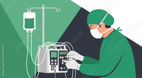 Surgeon Adjusting Medical Equipment in Operating Room with IV Drip