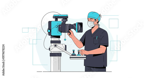 Surgeon in Mask Operating Medical Equipment with Camera in Modern Operating Room
