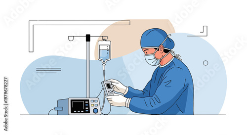 Surgeon in Operating Room Adjusting Medical Equipment Near IV Drip