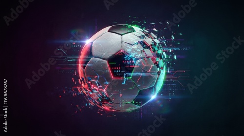 Futuristic soccer ball dissolving into digital data particles with vibrant red and cyan glitch effects on dark background for sports technology concepts and dynamic athletic motion graphics design